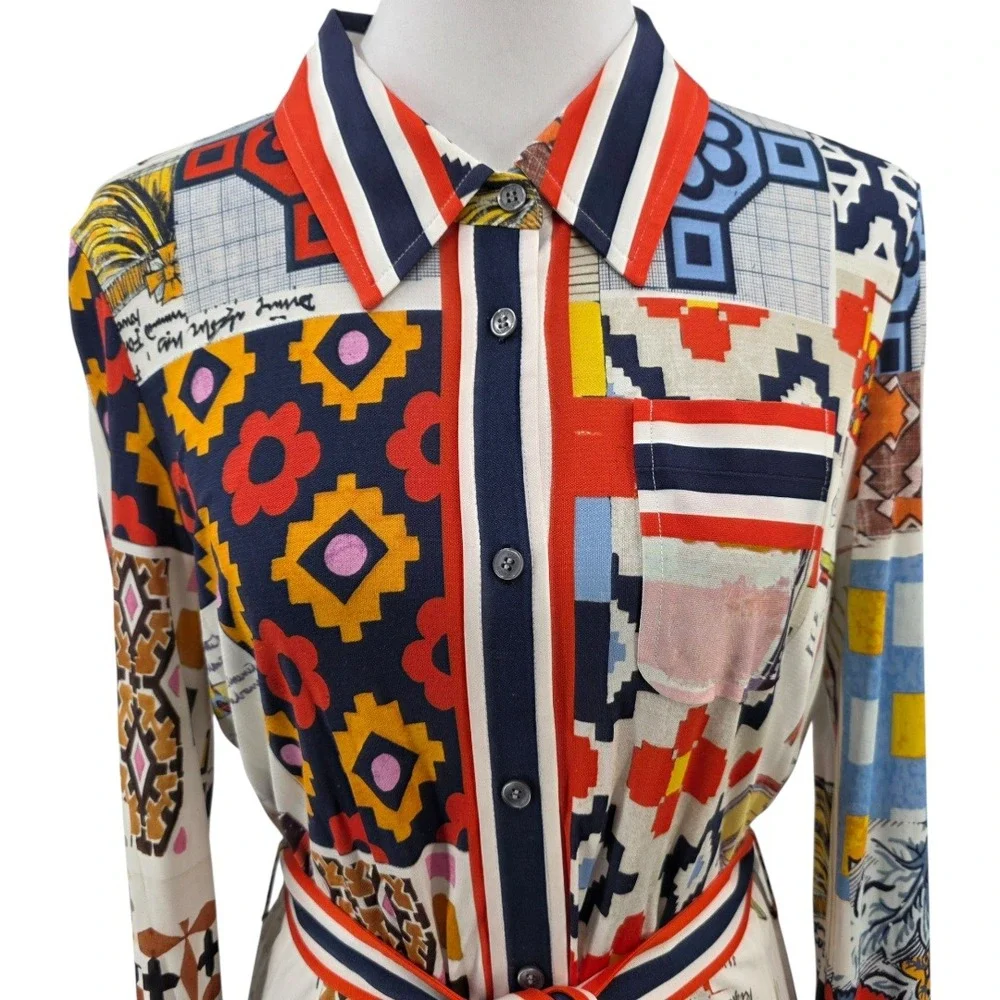 Tory Burch Womens L Silk Blend Laurence Scrapbook Belted Shirtdress - Picture 3 of 16